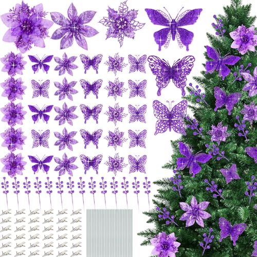 Thiccywoov 122 Pcs Christmas Glitter Poinsettia Artificial Flowers Berry Picks Butterfly Christmas Tree Ornaments 3 Styles Poinsettia kit with Clip for Xmas Wreath Home Tree Decor(Purple) - color: Purple