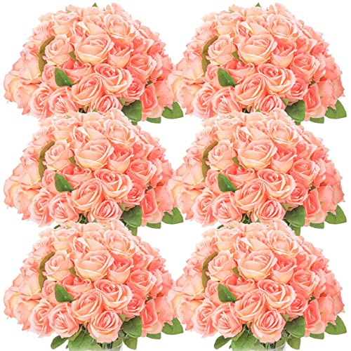 Jexine 50 Pcs Artificial Rose Flower Bulk Realistic Silk Fake Roses with Long Stem Plastic Artificial Flower Bouquet Real Looking for Home Wedding Centerpieces Party Decoration(Champagne) - color: Champagne