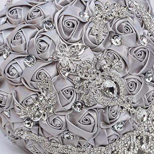 Handmade Luxury Wedding Bridal Bouquet Large Silk Rose Holding Toss Artificial Flowers Bouquets with Satin Ribbon Pearls Rhinestone for Bride Vintage Royal Wedding Bouquet (Silver) - color: Silver