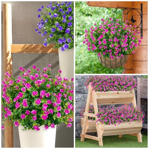Bassion 20 Bundles Artificial Flowers for Outdoors, UV Resistant Faux Plants Outdoor Indoor Fake Flowers Plastic Greenery Shrubs Eucalyptus Stems for Garden Fence Patio Window Box Porch Pot Decor - color: Magenta