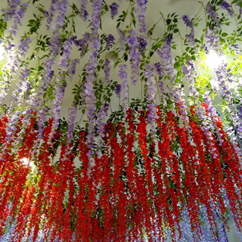 WEISPARK Fake Hanging Flowers - 12 Pieces 3.75 Feet/Piece Artificial Wisteria Vine Ratta Hanging Garland Silk Flowers for Home Party Wedding Decor (Red) - color: Red