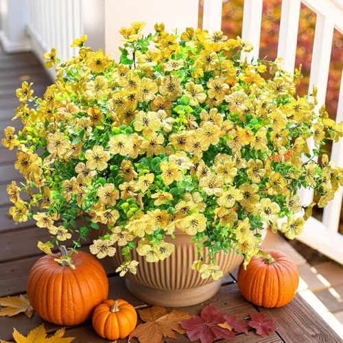 Artificial Flowers 12 Bundles, Faux Daisy and Eucalyptus Greenery Stems for Outdoor Indoor Decor - Fake Plants for Home, Garden, Patio, Porch Decoration - color: Yellow