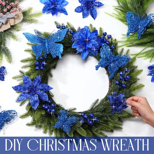 Thiccywoov 122 Pcs Christmas Glitter Poinsettia Artificial Flowers Berry Picks Butterfly Christmas Tree Ornaments 3 Styles Poinsettia kit with Clip for Xmas Wreath Home Tree Decor(Royal Blue) - color: Royal Blue