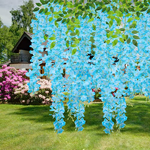 U'Artlines 24 Pack(Total 86.4 Feet) Artificial Fake Wisteria Vine Rattan Hanging Garland Silk Flowers String Home Party Wedding Decor (24, Blue) - color: Blue