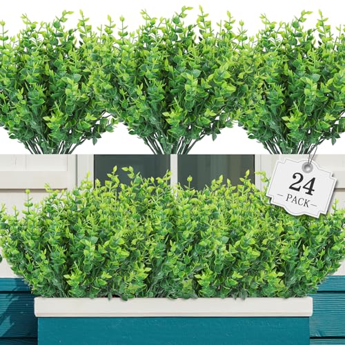 AGIRL 24 Bundles Fake Plants Greenery Stems,Artificial Plants for Outdoor,No Fade Faux Plastic Plants for Hanging Indoor,St Patricks Day Decoration Garden Porch Window Box Home Wedding Farmhouse - color: Green-eucalyptus, size: 24