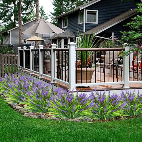 obbsie 12 Bundles Artificial Plants Outdoor, 18.2" UV Resistant Faux Monkey Grass Greenery Stems No Fade Faux Plastic Flowers Shrubs for Home Weddings Garden Porch Front Patio Office Decor - Purple - color: Purple, size: 12 Pcs