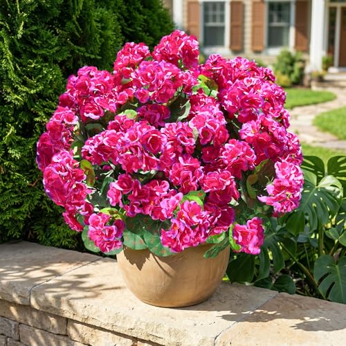 Fake Geraniums Artificial Flowers for Outdoors Outside, 6 Bundles Fuchsia Silk Geraniums Fake Flowers Plants Realistic UV Resistant Faux Flowers for Outdoor Planters Garden Balcony Yard Porch Indoor - color: Fuchsia
