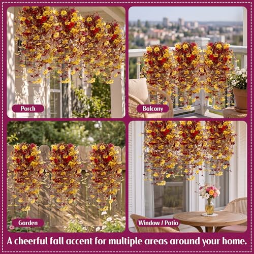 6 Pcs Fall Artificial Hanging Flowers Outdoor Faux Silk Mum Plant Decor Violet with Eucalyptus Realistic UV Resistant Trailing Vine Autumn Thanksgiving Porch Yard(Orange,Plastic Style) - color: Brown Red, style: Violet