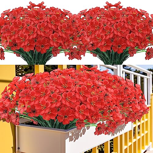 Kinisty 20 Bundles Outdoor Artificial Flowers UV Resistant with Red Faux Silk Flowers and No Fade Fake Plastic Plants for Spring Summer Outside Planters Porch Window Box Garden Decor - color: Red