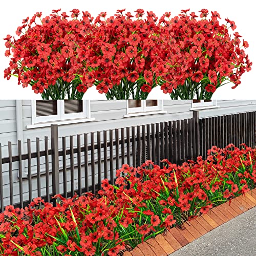 LikSoor 21 Bundles Artificial Outdoor UV Resistant Flowers No Fade Fake Outside Flowers Plastic Greenery Faux Shrubs Garden Porch Window Box Home Decoration (red) - color: Deed Red