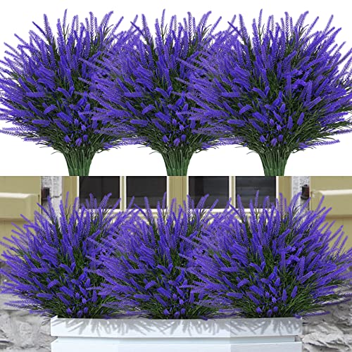 12 Bundles Fake Outdoor Flowers UV Resistant Plants Artificial Lavender Faux Plastic Shrubs Window Box Garden Porch Home Decor(Purple) - color: Purple