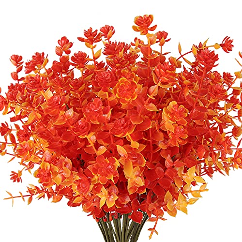 RECUTMS 8 Bundles Artificial Fall Flowers No Fade Faux Autumn Plants, Fake Indoor Outdoor Greenery for Thanksgiving Christmas Wedding Party Home Garden Fireplace Décor (Golden) - color: Golden, size: 8 Pcs