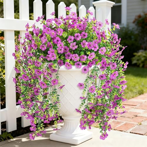 Hrobek 4 PCS Artificial Hanging Plants Flowers for Outdoor Srpring Summer Decoration, Fake Realistic Daisy Eucalyptus for Outdoors, Faux Plastic Greenery Long Vine Indoor Wall Patio Porch Decor - color: A-light Purple