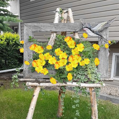 CISDUEO 2 Pcs Artificial Vines Silk Morning Glory Vines for Outdoor 15Feet Hanging Plants Garland Yellow Fake Green Plant Morning Glories for Home Decor Wall Fence Stairway Wedding Hanging Baskets - color: Yellow