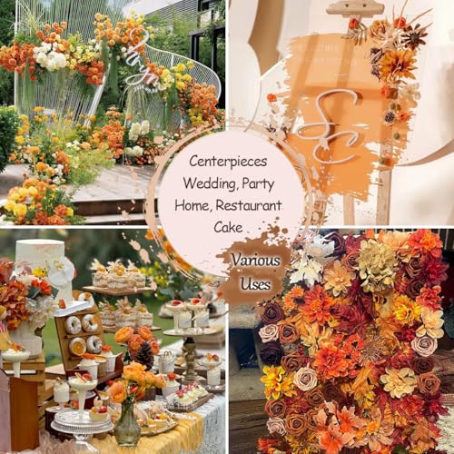 Artificial Flowers Combo Box Silk Burnt Orange Roses with Stems Sunset Terracotta DIY Bridal Wedding Bouquets Fall Boho Cake Fake Floral Arrangements Baby Shower Party Table Centerpieces Home Decor - color: Burnt Orange, Terracotta