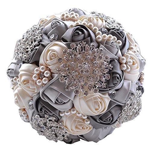 S_SSOY Romantic Wedding Bride Holding Bouquet Roses with Diamond Pearl Ribbon Valentine's Day Bouquet Confession (Gray) - color: Grey