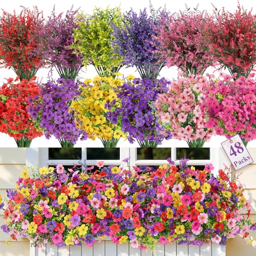 SHareconn 48 Bundles Artificial Flowers for Outdoors Decoration, Faux Plants Fake Silk Colorful Daisy Eucalyptus Lavender, UV Resistant for Outside Home Porch Indoor Spring Decor, 6 Colors incl. Red - color: Redrosypurpledeeppurpleyellowpink
