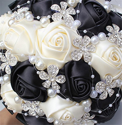 S_SSOY Wedding Bouquet Bride Bridal Brooch Bouquets Bridesmaid Bouquet Diamond Pearl Ribbon Valentine's Day Confession Party Church with Free Corsage Flower, Black+White - color: Black+white