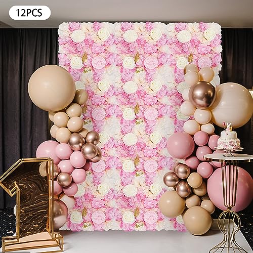 Artificial Flower Wall Panels, Silk Wedding Flower Wall Backdrop Panel, 3D Floral Panel Artificial Floral Wall Mat Flower Screen for Photo Party Wedding Wall Background Decor (12PCS Pink+White) - color: 12pcs Pink+white