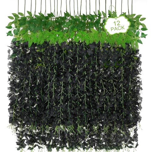 12Pcs Artificial Wisteria Hanging Flowers, 3.6Ft/Pcs Black Fake Wisteria Garland for Wedding Party Home Garden Indoor Outdoor Decoration - color: Black, size: 12Pcs