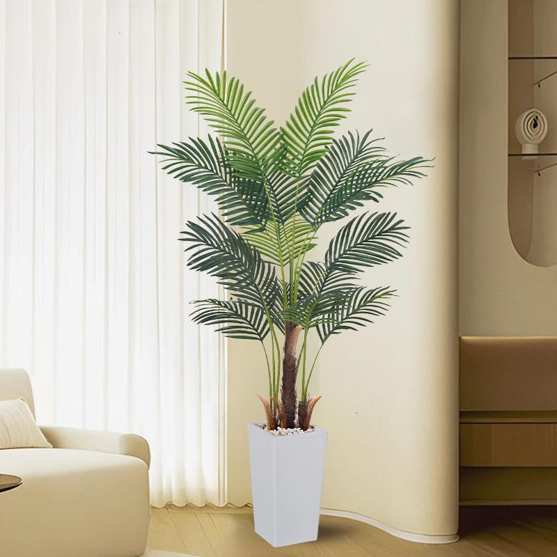 Artificial Palm Tree，5.5FT Fake Tree with White Tall Planter,Faux Areca Palm Tree,Tall Faux Plant with Lifelike Leaves for Home Office Living Room Modern Decoration