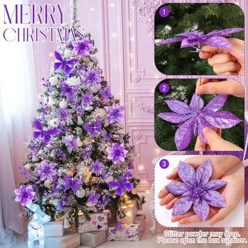 Thiccywoov 122 Pcs Christmas Glitter Poinsettia Artificial Flowers Berry Picks Butterfly Christmas Tree Ornaments 3 Styles Poinsettia kit with Clip for Xmas Wreath Home Tree Decor(Purple) - color: Purple