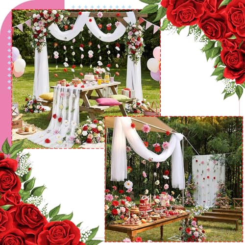 6 Pcs 35.4 Inch Artificial Hot Pink Flower Garlands with 3 Pcs 10 Ft Wedding Tulle Table Runner Wildflower Vines Floral Table Runner Garlands for Wedding Bridal Shower Spring Tea Party - style: Blooming Flower