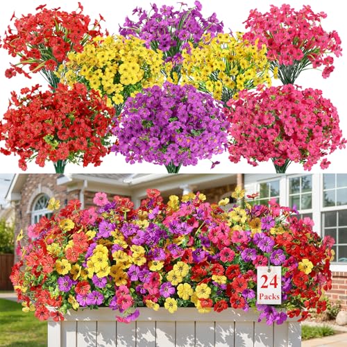 Alupssuc 24 Bundles Artificial Flowers for Outdoors Decoration, UV Resistant Silk Faux Daisy Flora Spring Fake Plastic Plants Greenery for Outside Indoor Yard Home Porch Window Box Decor, Mix 4 Colors - color: Red Rose Purple Yellow
