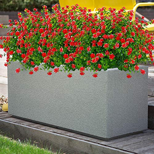 8 Bundles Outdoor Artificial Fake Flowers UV Resistant No Fade Boxwood Faux Plastic Plants for Garden Patio Porch Window Box Home Wedding Farmhouse Décor (Red) - color: Red