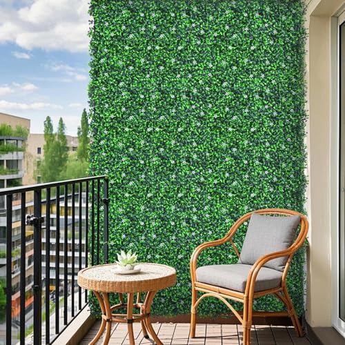 Grooy 71"x 126"(62 sq.ft) Artificial Boxwood Roll Panels with Flowers, UV-Anti Faux Ivy Leaves Privacy Fence Screen, Grass Wall Roll Panels for Indoor Home Decor and Outdoor Garden Backyard - size: 71x126 in 1 piece