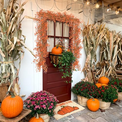 RECUTMS Artificial Fall Garland Faux Greenery Ivy Garland Hanging Fake Plant Faux Ferns for Home Garden Wedding Party Farmhouse Mantle Table Centerpiece Autumn Indoor Outdoor Decorations - color: Fall Orange-garland