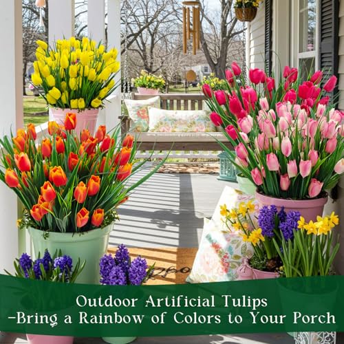 12 Bundles 60 Heads Artificial Tulips Fake Flowers Outdoor UV Resistant Silk Tulip Faux Plastic Greenery Shrubs Plants for Outside Planter Porch Garden Patio Decor (Pink) - color: Pink