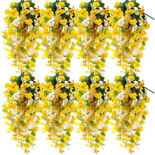 XunYee 8 Pcs Artificial Hibiscus Flowers for Outdoors Spring Summer Decor Fake Hanging Flowers Plants Uv-Resistant Faux Hibiscus Flower for Outside Porch Patio Front Door (Yellow and White) - color: Yellow and White