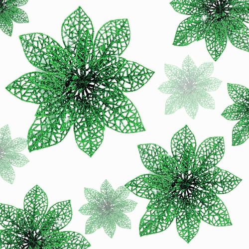 Wironlst 24 Pieces Glitter Poinsettia Flowers Christmas Tree Ornaments, Glitzy Poinsettia Bushes Christmas Decorations for Xmas/Holiday/Seasonal/Wedding (Green) - color: Green