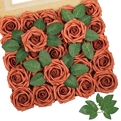AmyHomie Artificial Flowers Burnt Orange Rose 25pcs Real Looking Fake Roses w/Stem for DIY Wedding Bouquets Centerpieces Arrangements Party Baby Shower Valentines Day Christmas Tree Decorations - color: Burnt Orange
