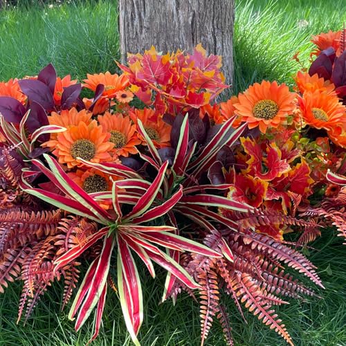 Fall Artificial Sunflowers Flowers Faux Plants for Outdoor Planters, Fake Silk Realistic Greenery Bushes Look Real UV Resistant for Outside Porch Pot Decor, 12 Bundles - color: Fall Multicolor