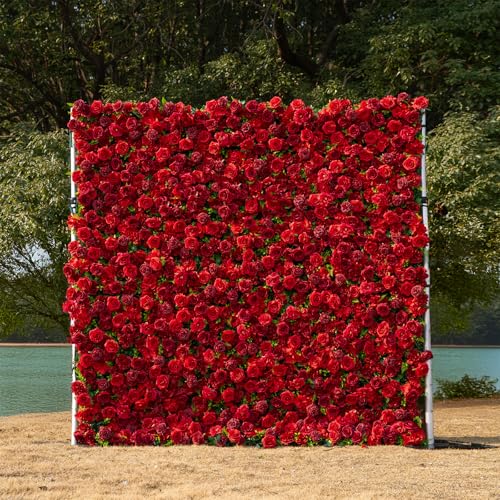 rosemorning 8x8FT Red Artificial Flower Wall Backdrop,5D Silk Flower Wall Panel for Wedding Party Birthday Baby Shower Photo Booth Decor Easy to Install Reusable - color: Luna-Red, size: 8Ft*8Ft