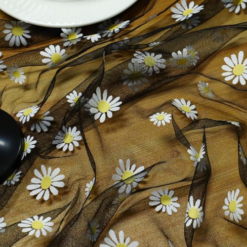 Daisy Gauze Table Runner 120 Inch 10FT, Floral Flower Tulle Table Runner Seasonal Kitchen Dining Table Decorations for Party Wedding Christmas Holiday Birthday (Black) - color: Black