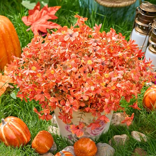 Artificial Flowers for Outdoors Patio Decoration 12 Bundles Fake Flower Daisy Lily Cherry Blossom UV Resistant Faux Plants Yard Garden Porch Home Boxwood Patio Halloween Decor, Fall Orange Flower - color: D Orange Mix Flowers 12pcs