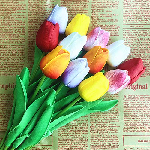 Artificial Tulips 12Pcs Real Touch Fake Tulips PU Flower Arrangement Bouquets for Home Party Decoration (Colorful) - color: Colorful