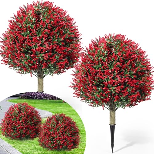 Lunmon 2 Pack 24" Artificial Topiary Ball Plants Trees with Flowers, Outdoor Fake Topiary Plants with Ground Spike, UV Resistant Faux Bushes for Indoor Outdoor Front Door Decor - color: Red, style: Lavender