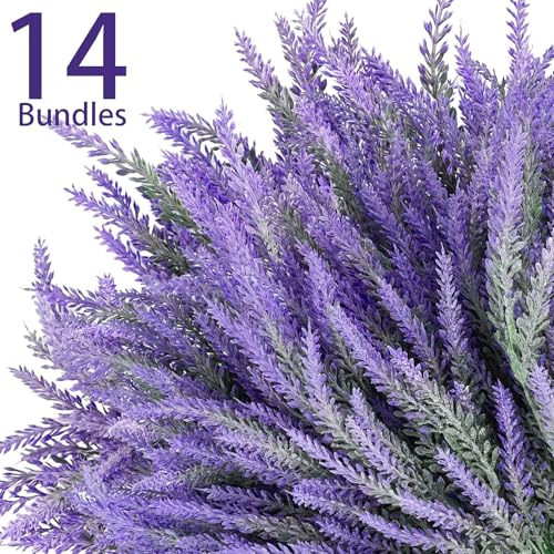 14 Bundles Lavender Fake Artificial Flowers, Faux Plastic Plants for Home Decor, Outdoors Wedding Kitchen Garden Patio Porch Window Box Office Table Centerpieces Indoor Outdoor Decorations - color: Grey Purple 14pcs