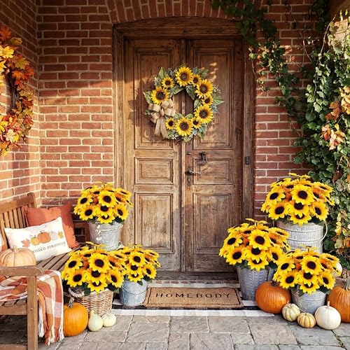 Redbaker 24 Bundles Yellow Sunflower Faux Mums for Outdoor Artificial Flower with Stems Bouquet Fake Plants Bulk UV Resistant Plastic No Fade Wedding Fall Garden Home Window Decor - color: Yellow, size: Summer Sunflower
