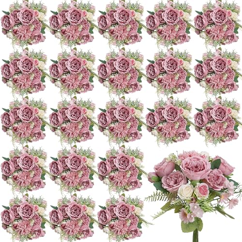 Peonies Artificial Flowers Bulk, 24 Bundles Silk Fake Peonies with Stems Dusty Rose Faux Peony Bundles for Spring Summer Wedding Bouquet Home Bridal Baby Shower Party Centerpieces Vase - color: Dusty Rose