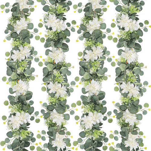 Dremisland Artificial Flowers Garlands 4 Pack 24Ft Eucalyptus Garlands with Flowers Dahlia Flower Vines Hanging Floral Garland for Wedding Arch Bedroom Home Wall Backdrop Room Decor - size: 4PCS