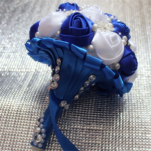 S_SSOY Wedding Bouquet Bride Bridal Brooch Bouquets Bridesmaid Bouquet Diamond Pearl Ribbon Valentine's Day Confession Party Church with Free Corsage Flower, Royal Blue+White - color: Royal Blue+white