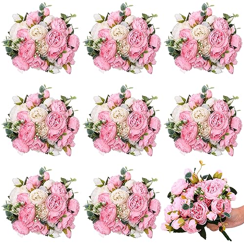 Hoteam 24 Bundles Artificial Peonies Flowers Wedding Faux Flowers Silk Peony Bouquet Bulk Bride Fake Florals Arrangements for Table Centerpieces Wedding Party Vase Decor (Light Pink, White) - color: Light Pink, White
