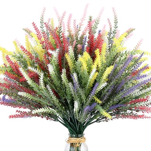 15 Bundles Artificial Lavender Outdoor Flowers Fake Plastic Flower Outside UV Resistant for Home Kitchen Wedding Outdoor Decor(Assorted Colors,5) - color: Purple、red、white、pink and Yellow