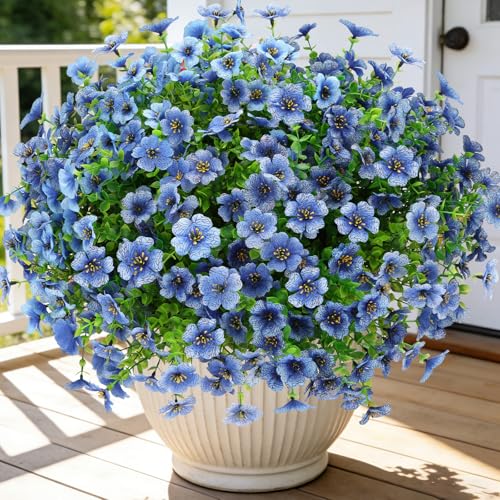 24 Bundles Artificial Flowers for Outdoors, UV Resistant Faux Flowers for Outdoor Planters, Fake Flowers for Outside Porch Patio Window Box, Mixed Color Daisy Bushes for Garden Decor (Blue) - color: Blue