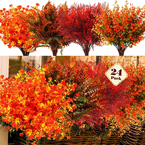 Geosar 24 Bundles Fall Artificial Flowers UV Resistant Artificial Outdoor Plants Yellow Orange Faux Flowers Decorations for Home Garden Porch Wedding Autumn Decor